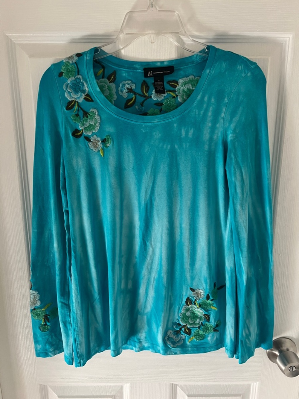 INC International Concepts Turquoise Floral Embroidered Long Sleeve Top